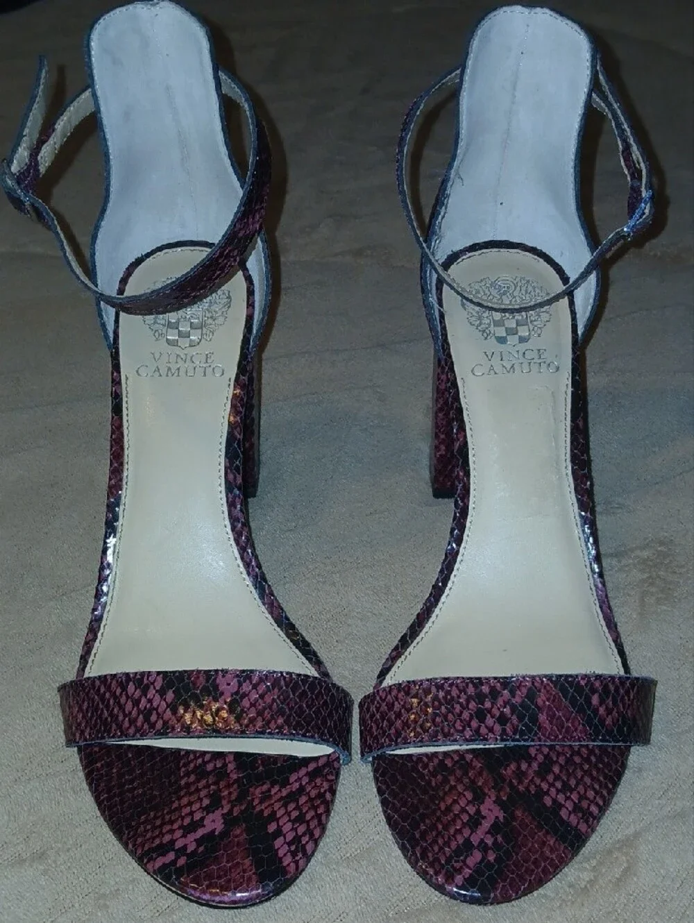 Vince Camuto Burgundy Leather Snake-Print Ankle Strap Block Heels Sz: 9.5